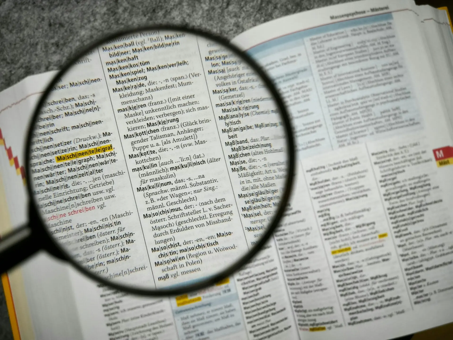 open book magnifying glass desk translator
