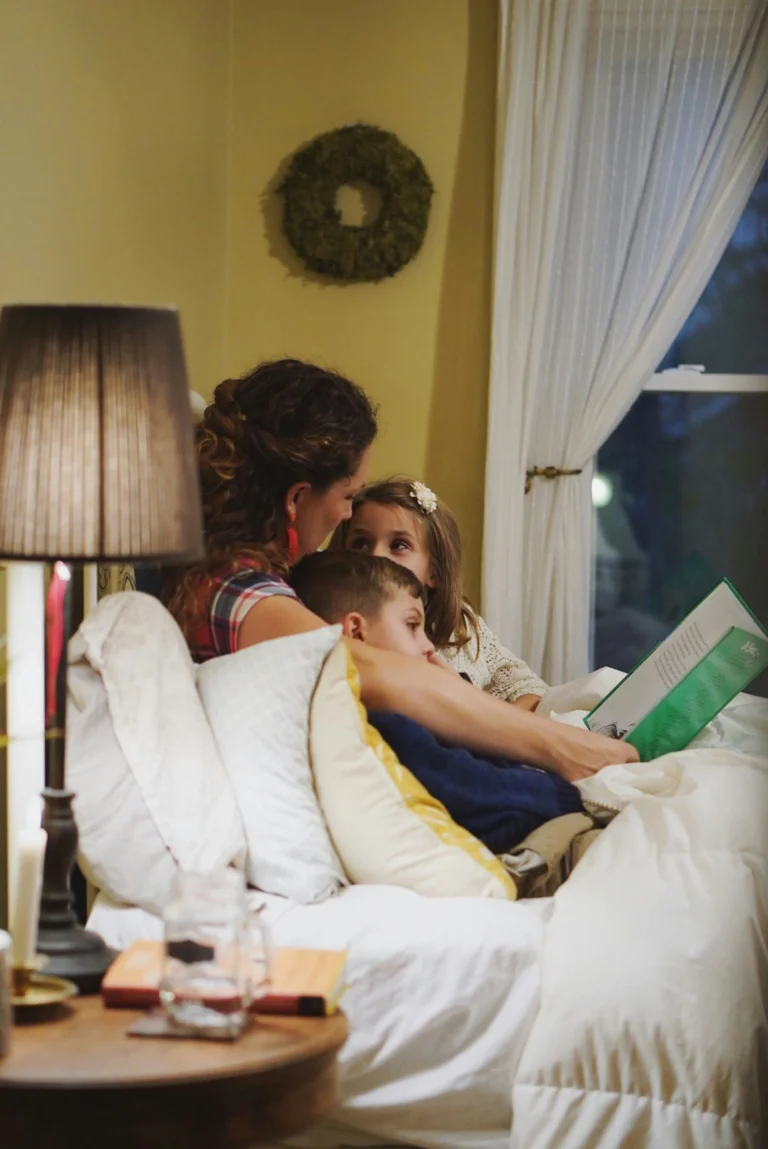 mother reading Arabic book child warm home