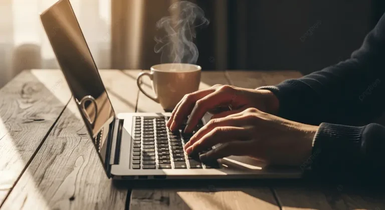 person typing on a-laptop with steaming cup of coffee wooden