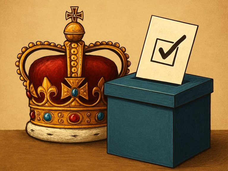 An image combining a symbol of monarchy with a symbol of republicanism — a crown and a ballot, or a throne and a microphone