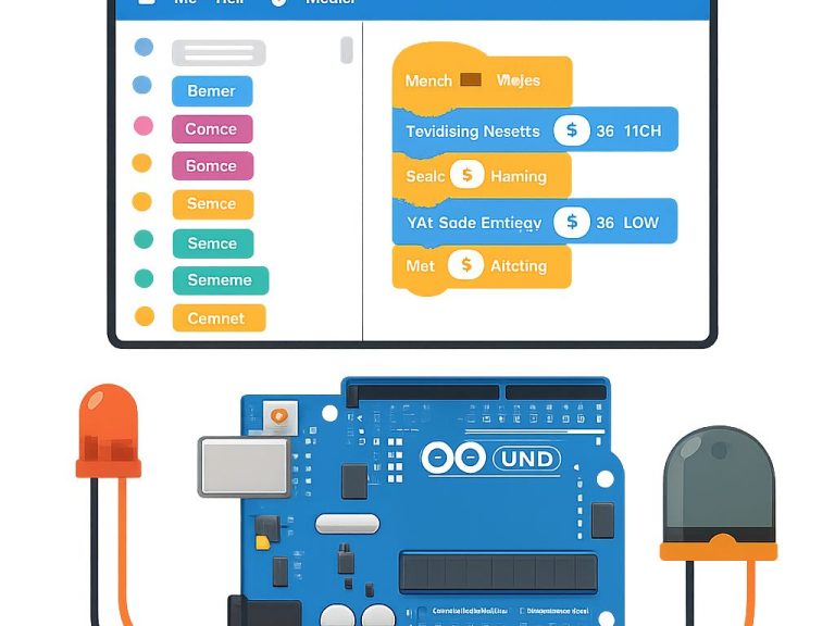 Image of an Arduino Uno board connected to an LED or small motor, with a PictoBlox or Scratch interface in the background.