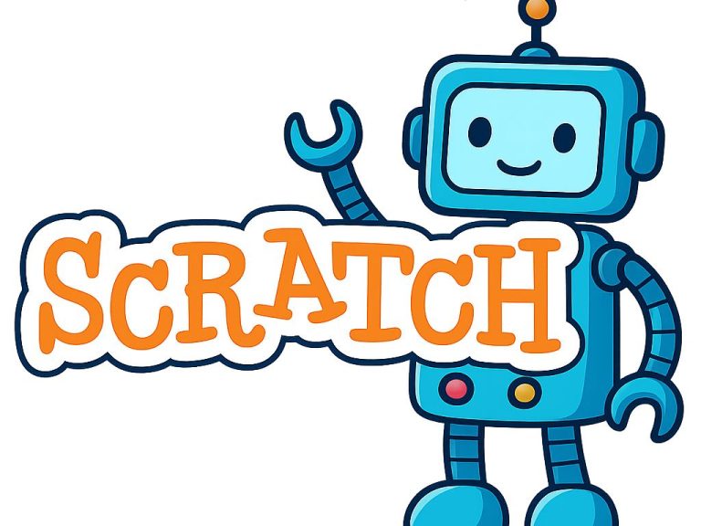 Scratch logo with a simple cartoon robot