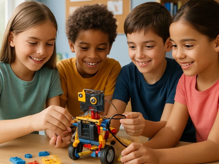 A picture of a group of children working on a scratch-off home robot project (LEGO or a simple Arduino) with smiles.