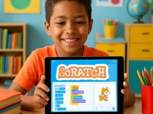 صورة طفل يستخدم Scratch على جهاز لوحي (جو عام تعليمي)