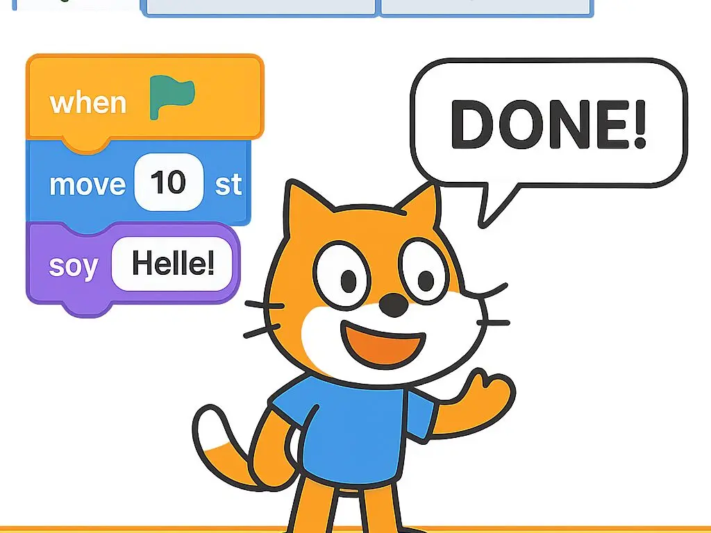 In Scratch, there is an image of the character after the project has been completed (with a speech bubble).