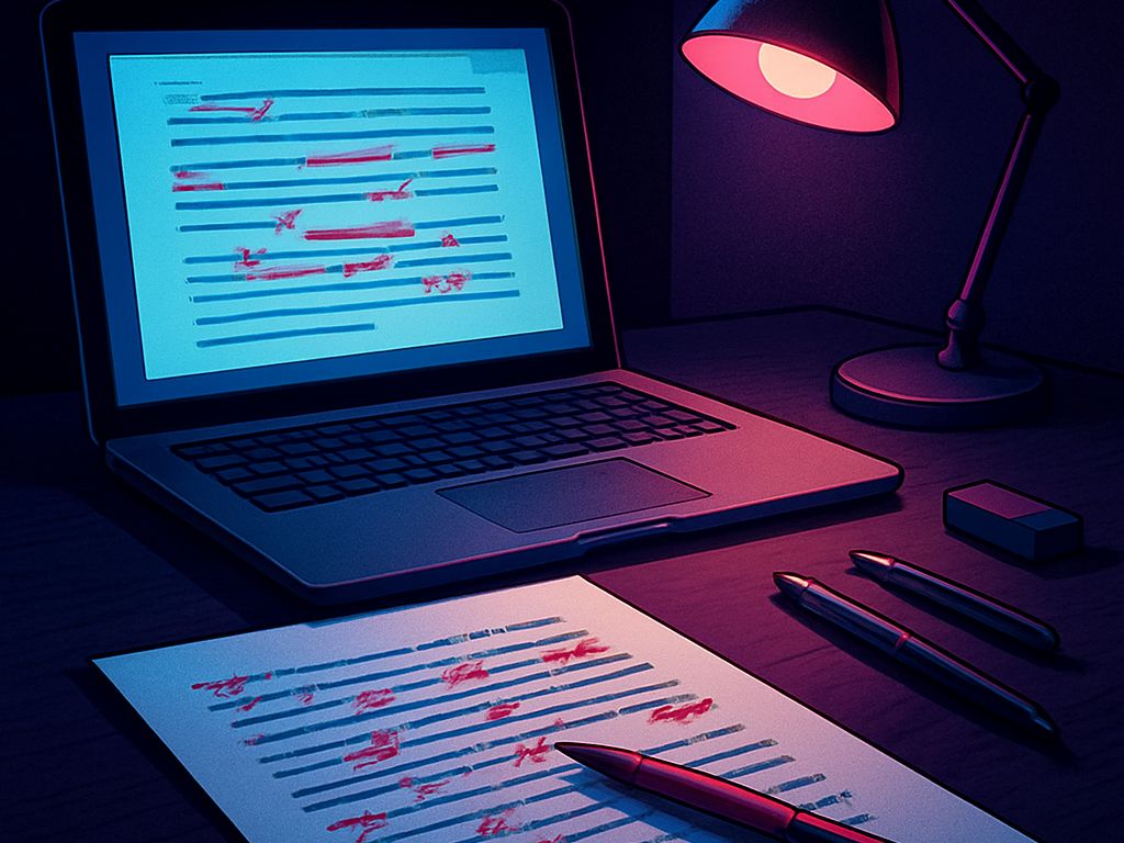 يد تُمسك قلماً فوق ورقة مكتوبة مع شاشة كمبيوتر في الخلفية