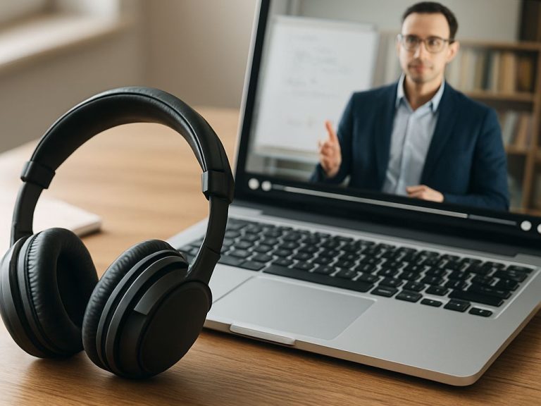سماعات أذن على طاولة عمل بجانب لابتوب مفتوح على محاضرة أو بودكاست — تعبّر عن الاستماع النشط كجزء من العمل