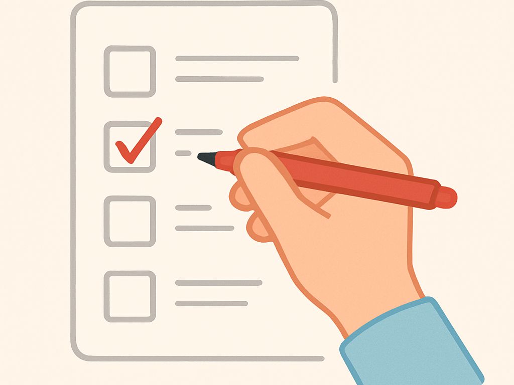 يد تمسك قلماً وتضع علامة صح على قائمة — بسيطة ونظيفة، تعبّر عن الوعي والتصحيح لا العقاب