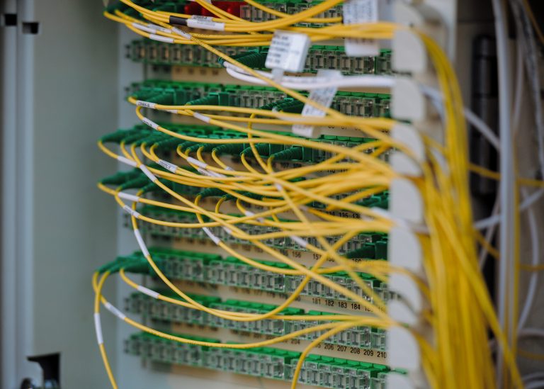 data center server room blue lights infrastructure