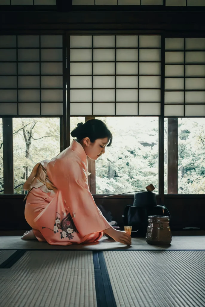 Woman in kimono preparing tea