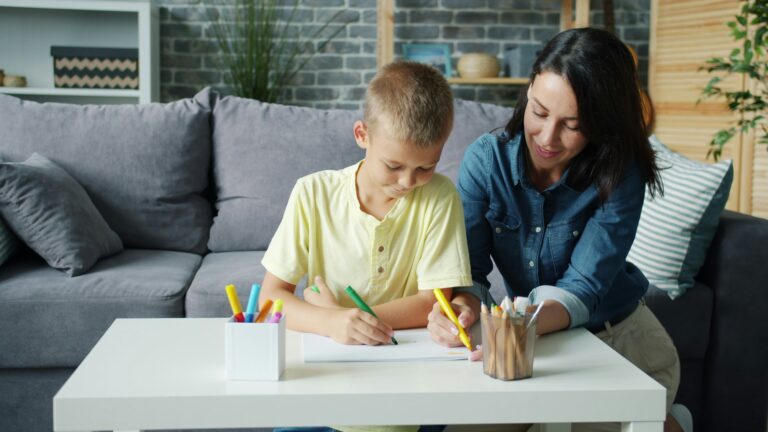 mother son homework together