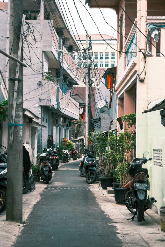 An alley full of motorcycles in Indonesia