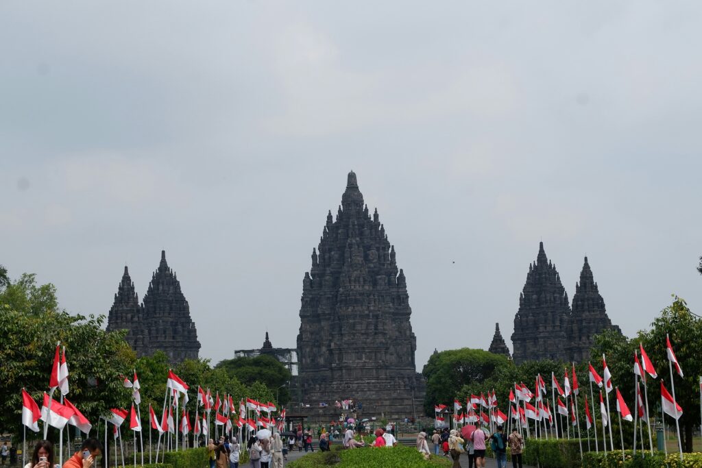 Beautiful view of Prambanan Temple with Indonesia Flag